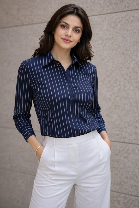 Navy Striped Formal Shirt – Elegant Workwear