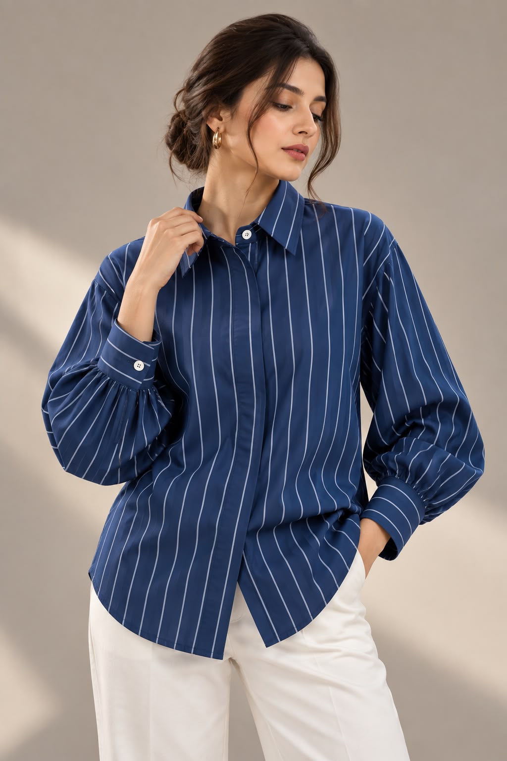 Navy Blue Striped Formal Shirt for Women