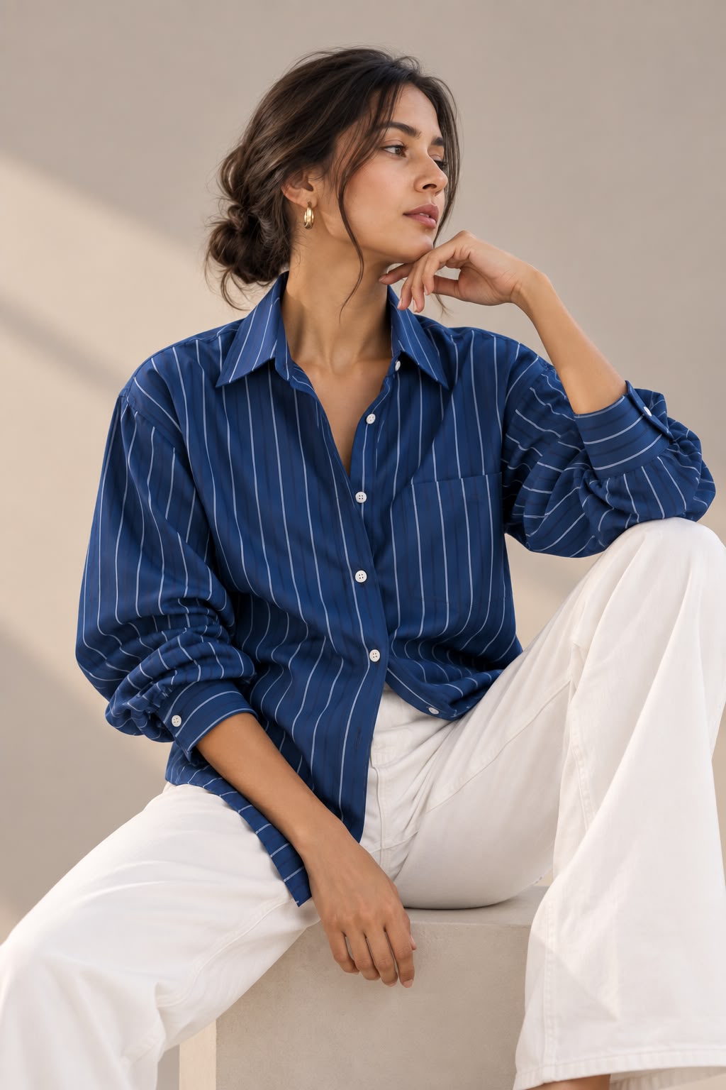 Navy Blue Striped Formal Shirt for Women