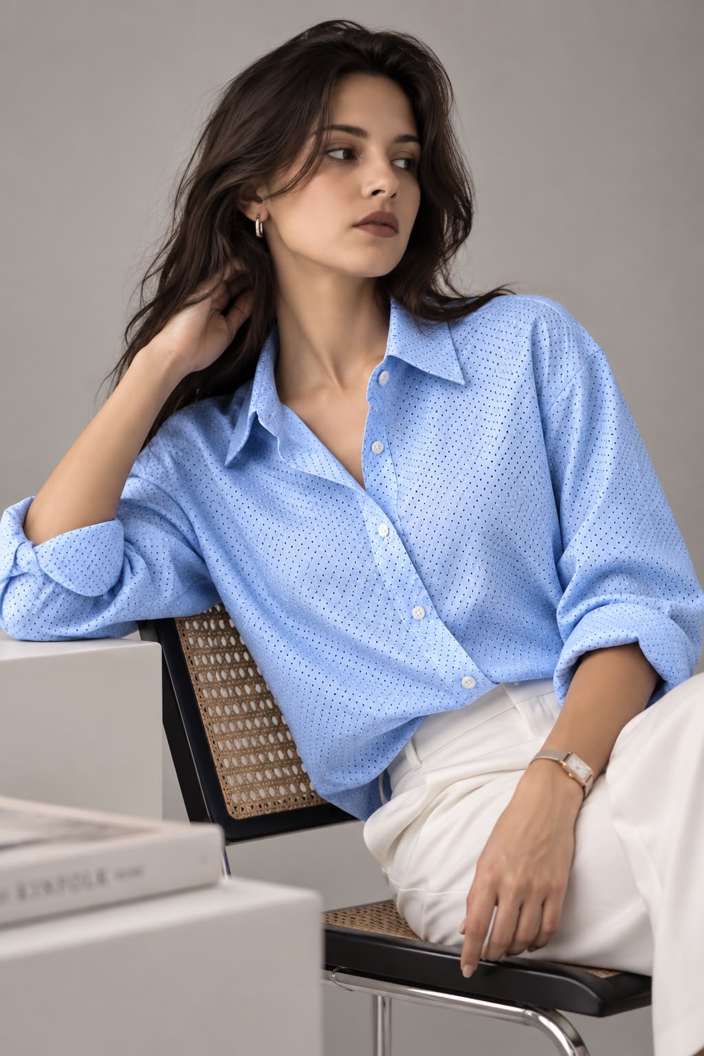Sky Blue Micro Print Formal Shirt for Women