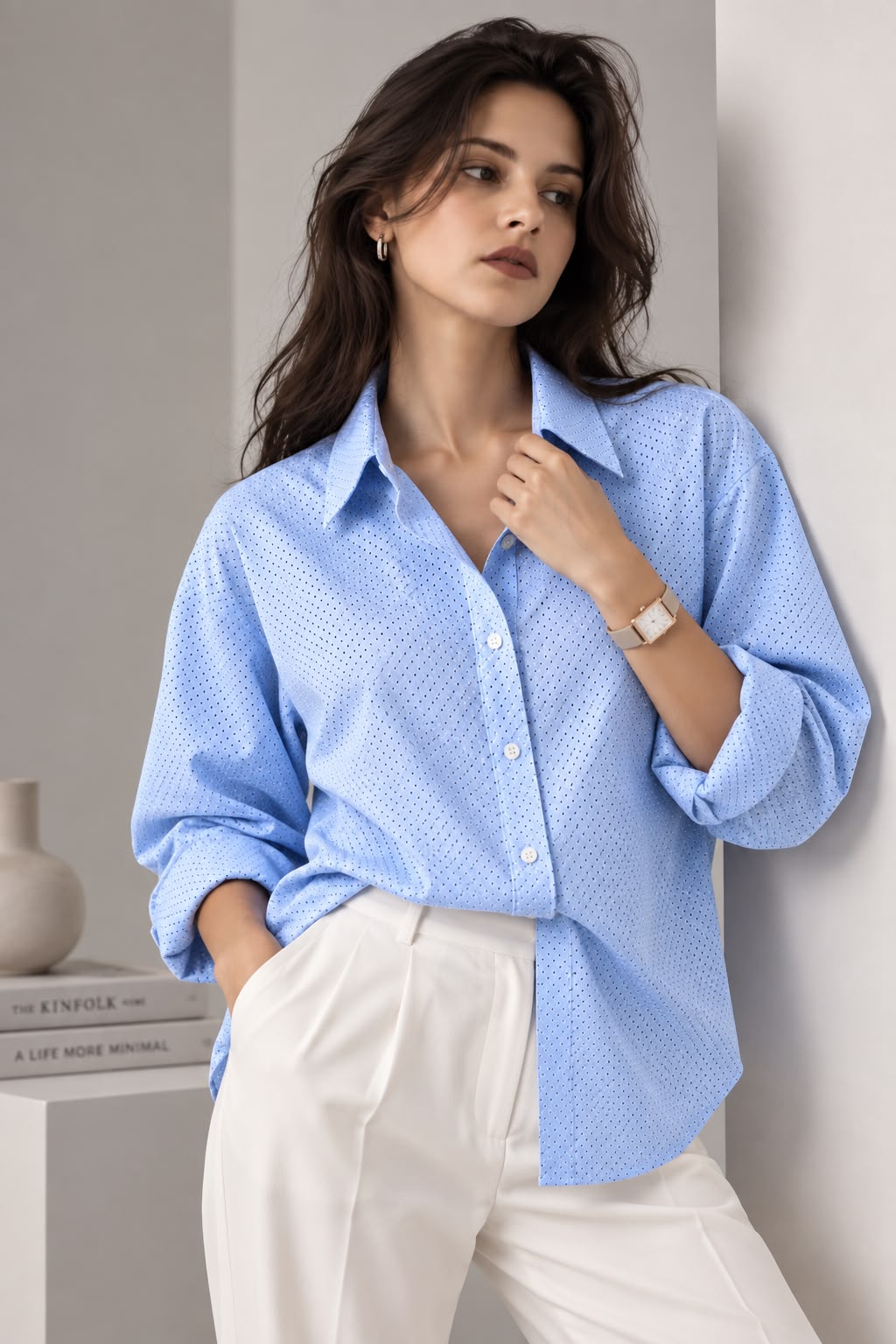 Sky Blue Micro Print Formal Shirt for Women