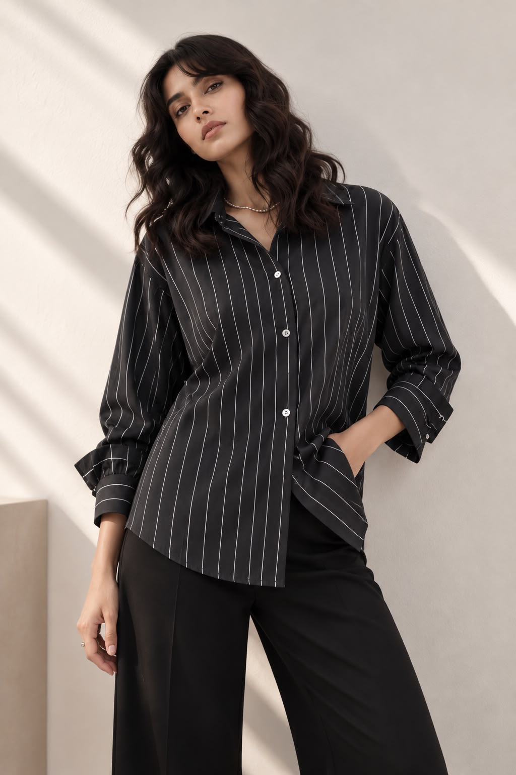 Black Pinstripe Formal Shirt for Women