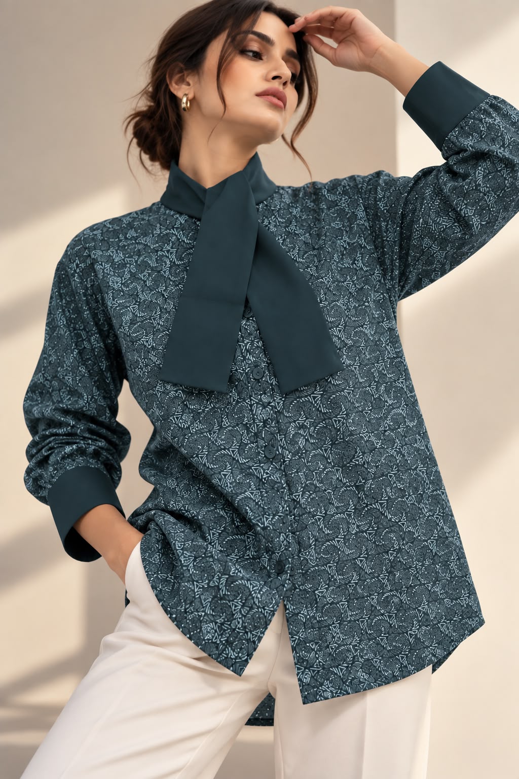 Dark Blue Printed Formal Shirt for Women