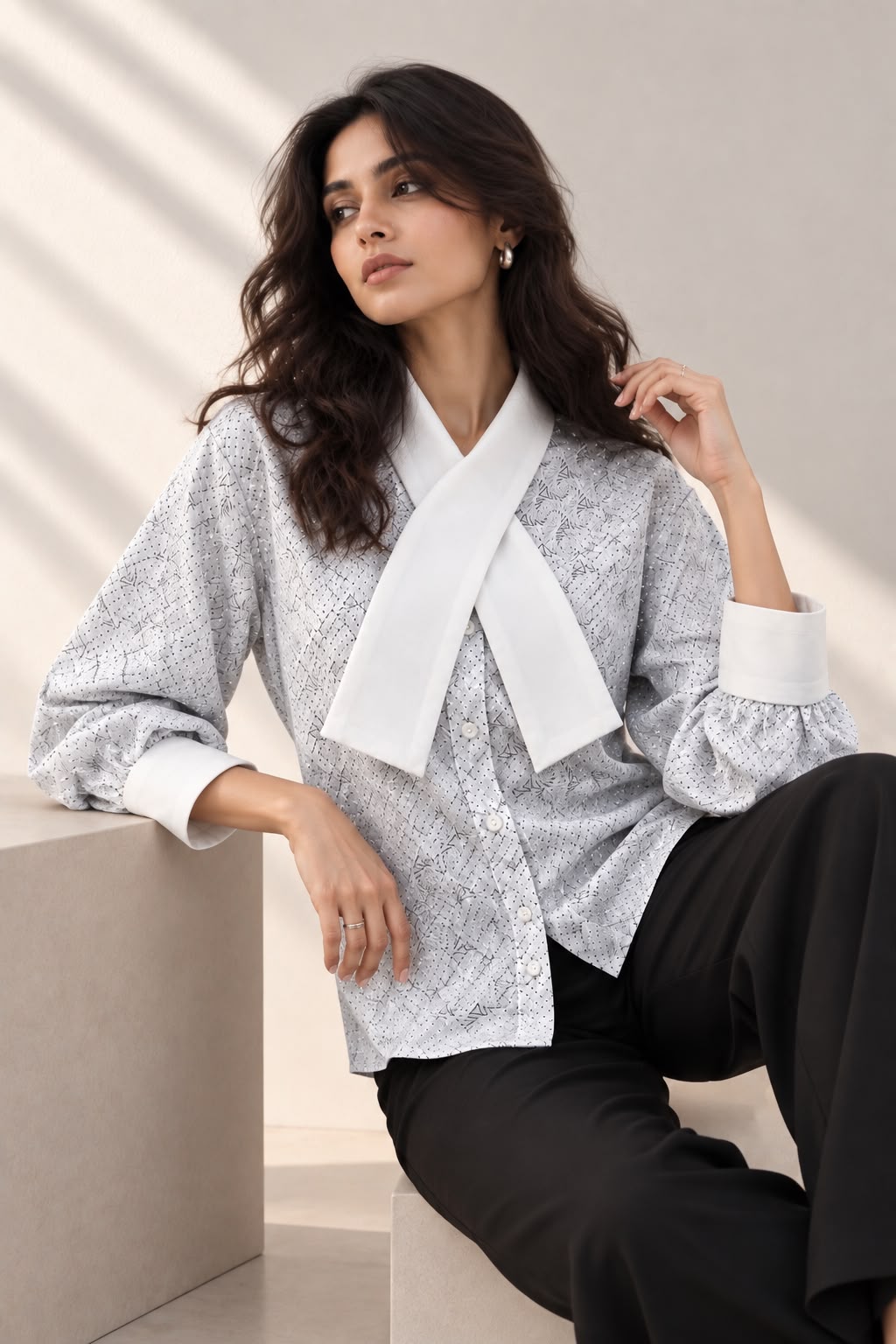 White Printed Formal Shirt for Women
