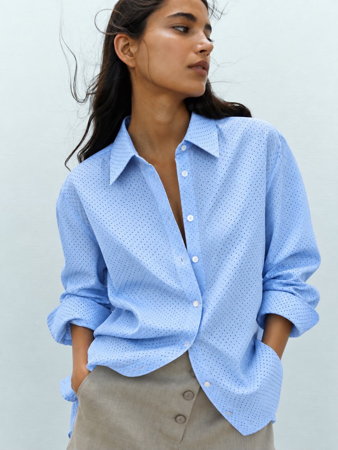 Sky Blue Micro Print Formal Shirt for Women